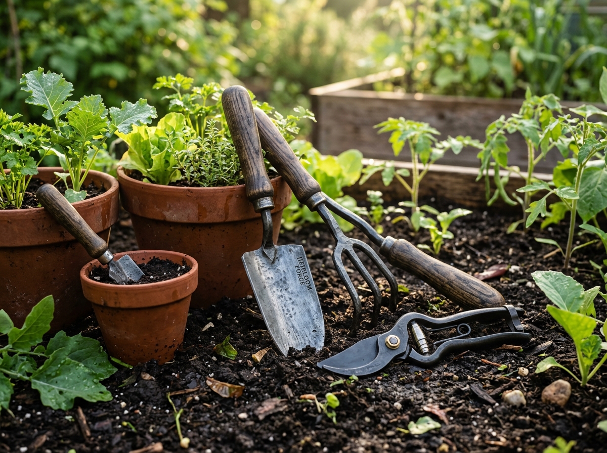 Hand-forged carbon steel garden tools in rich soil